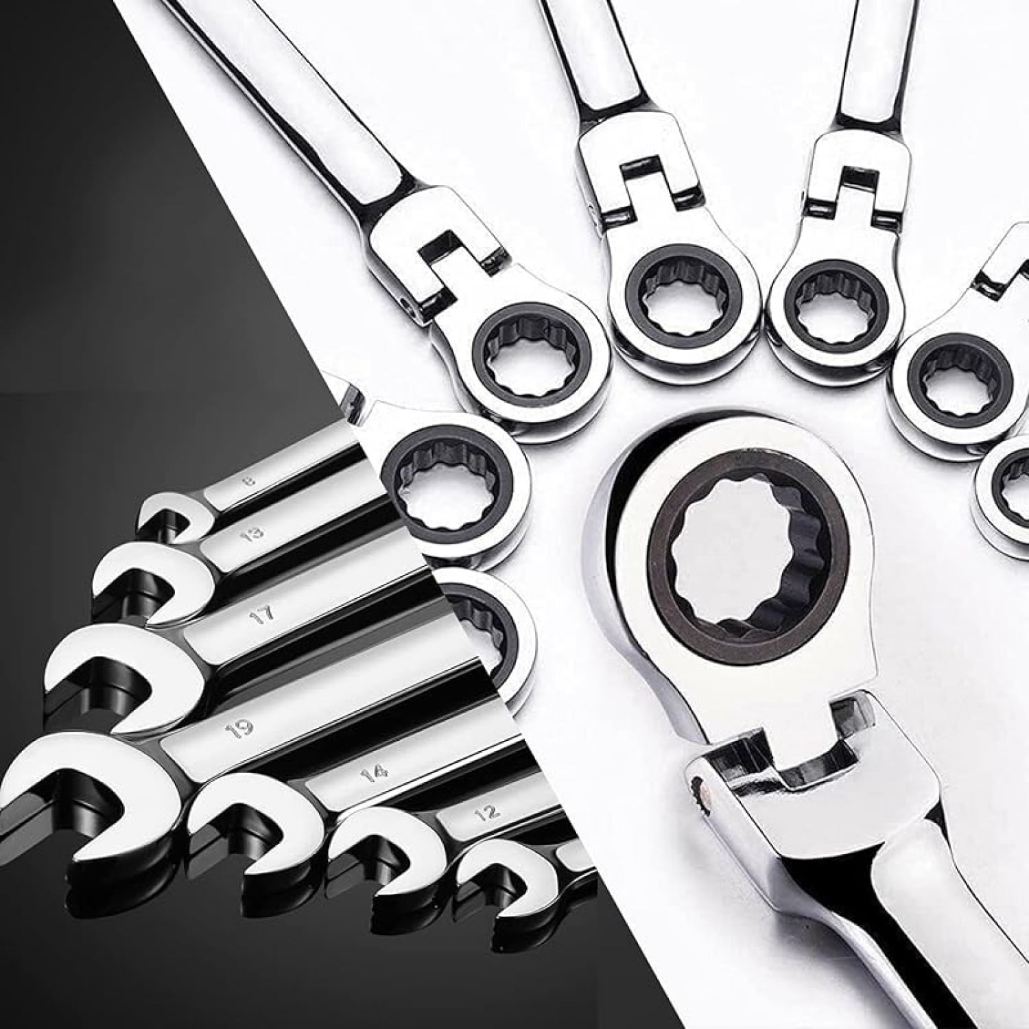 Flex-Head Ratcheting Wrench Set 12 pcs, Metric, 8-19mm, Cr-V Combination Wrench Sets, 72 Teeth Wrenches Set with Carrying Bag