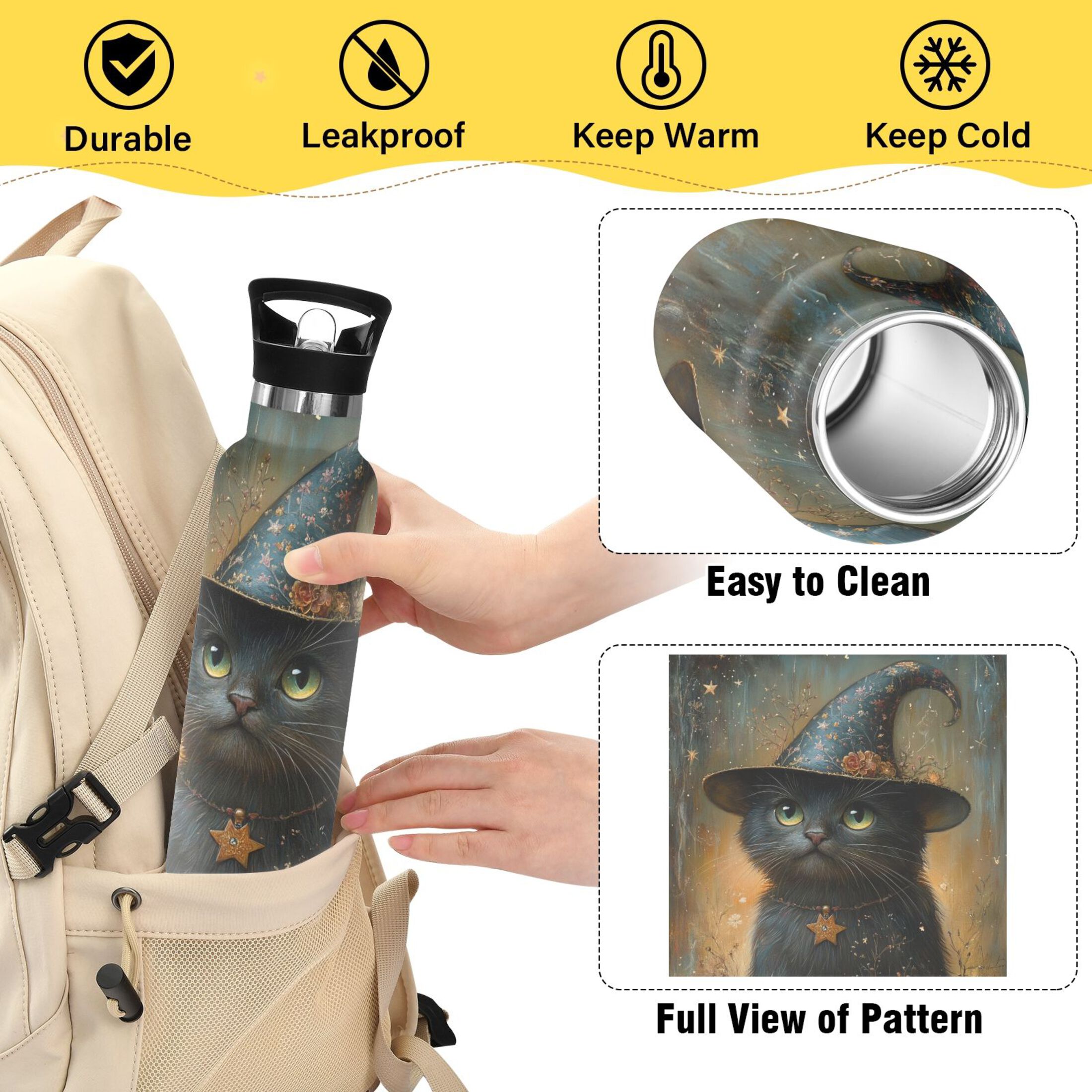 600ML Stainless Steel Insulated Cup Sports Water Bottle Portable Thermos Cup Water Glasses Insulated Tumblers Convenient and Durable Magic Hat Cat