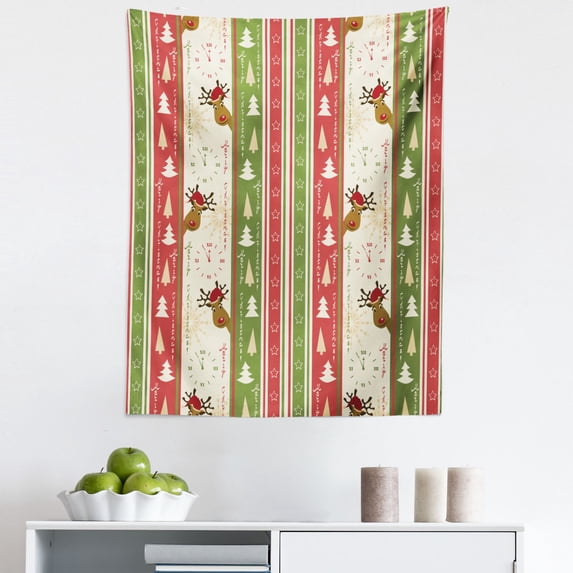 Christmas Tapestry, Chinese Style Lettering Merry Christmas Deer Pines Stars Border Lines, Fabric Wall Hanging Decor for Bedroom Living Room Dorm, 5 Sizes, Green Dark Coral White, by Ambesonne
