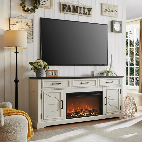 T4TREAM 70" TV Stand for up to 80 inch TV, Farmhouse Entertainment Center with 30" Electric Fireplace, Storage Cabinet and Drawers, White