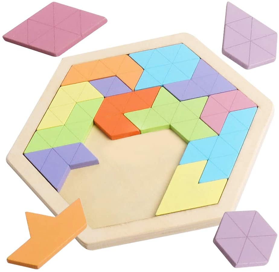 Wooden Hexagonal Tangram Star Jigsaw Puzzle Board Kids Brain Teaser Game shan 