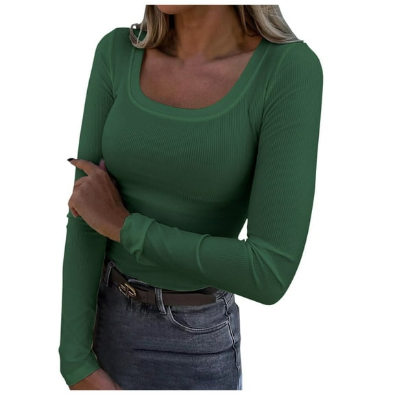 OSOLU Solid Color Women Long Sleeve Shirts Square Neck Slim Fit Basic Tops Casual Ribbed Thermal Undershirts Tee Cozy Dailywear