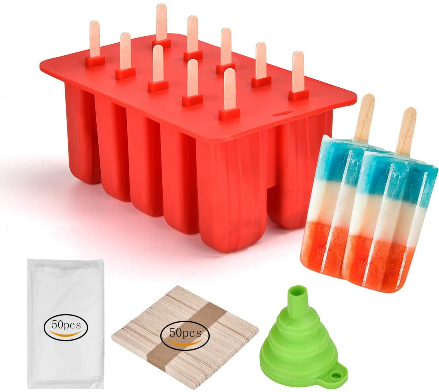 New Popsicle Molds Homemade Silicone Popsicle Molds,Popsicle Maker BPA Free Popcylce Molds,Reusable Popsicle Mold for Kids,Ice Cream Mold,Ice Pop Molds Maker with 50 Popsicles Sticks,Popsicle Bags 