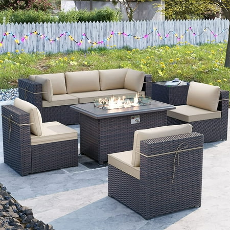 ALAULM 8 Pieces Outdoor Furniture Set with 43 Gas Propane Fire Pit Table PE Wicker Rattan Sectional Sofa Patio Conversation Sets Sand