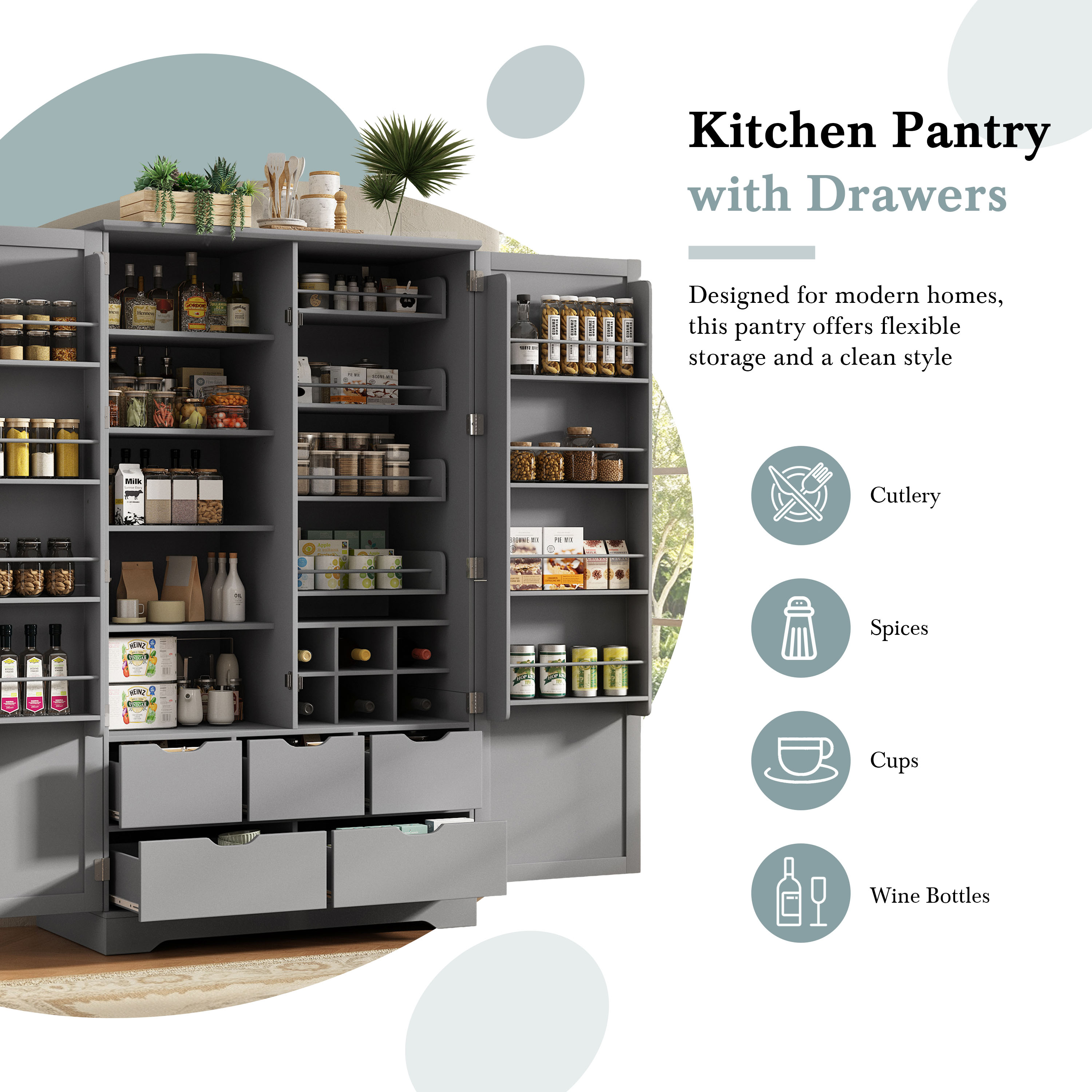 Mintazer 72" Tall Freestanding Kitchen Pantry Cabinet with 5 Drawers, Adjustable Shelves, Pull‑Out Trays & Door Storage Racks for Kitchen Dining Room Living Room, White