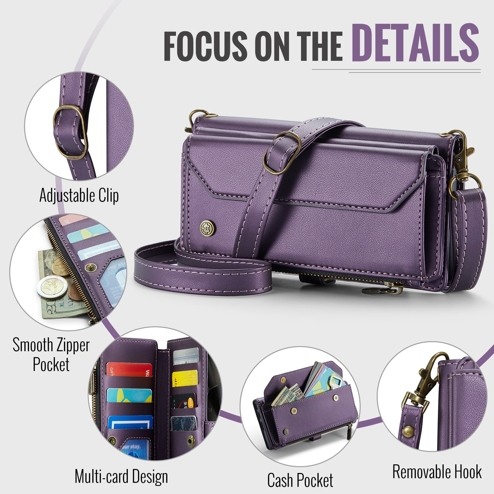 for Samsung Galaxy S22 Full Body Protection Wallet Folio Flip Case, Shoulder Strap & Wristlet Card Slots Zipper Pocket RFID Blocking Rugged Durable PU Leather Phone Case Cover, Purple