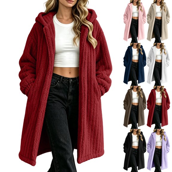 Women's Fleece Warm Hooded Cardigan,Casual Loose Long Double-sided Velvet Winter Coat with Pockets Home Loungewear