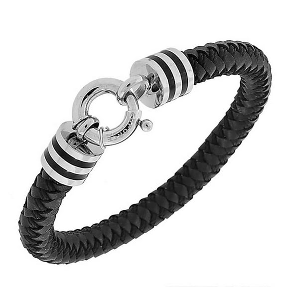 EDFORCE Stainless Steel Black Leather Silver-Tone Wristband Men's Bracelet