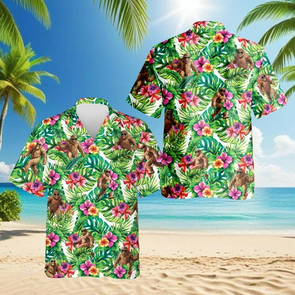 Bigfoot Hawaiian Shirt for Men, Button Down Summer Beach Short Sleeve, Tropical Style, Sizes S-5XL