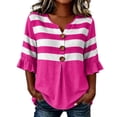 thumbnail image 2 of Wovilon Summer Casual V Neck Striped Blouse for Women, 3/4 Ruffle Sleeve Button Down Front with Pleated Detail, Relaxed Fit Everyday Vacation Outfit, 2 of 6