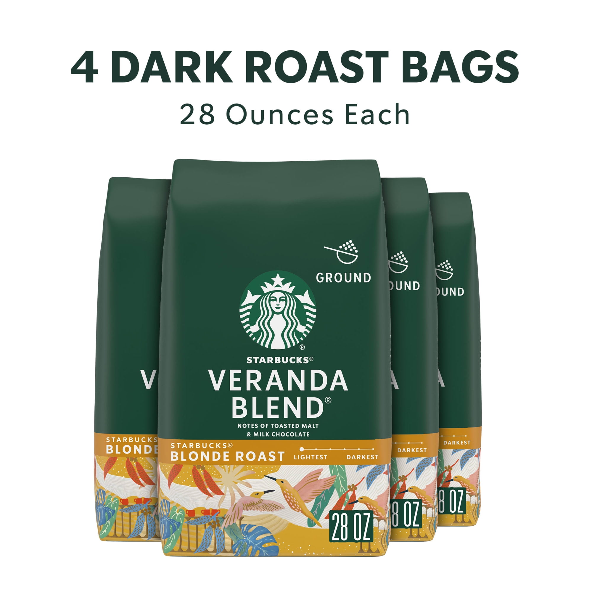 (4 pack) Starbucks Veranda Blend, Ground Coffee, Starbucks Blonde Roast Hot or Iced Coffee, 28 oz