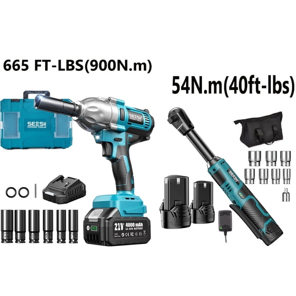 Seesii cordless Tool combo kit, 1/2"  Brushless Electric Impact Wrench 665 FT-LBS(900N.m) 3300IPM,4.0Ah Battery 6 Sockets & 3/8" Extended Cordless Electric Ratchet Wrench 40 Ft-lbs Torque