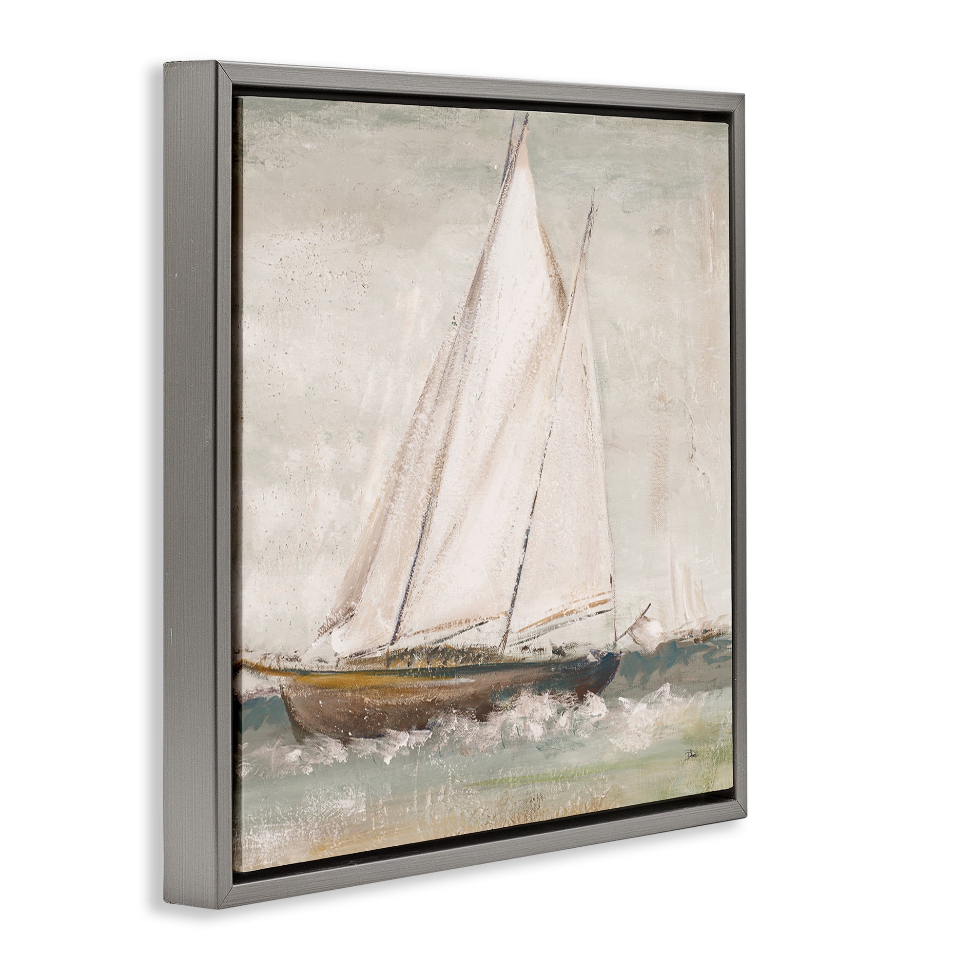 Stupell Industries Traditional Sailboat at Sea Transportation Painting Gray Floater Framed Canvas Art Print Wall Art, 18 x 18