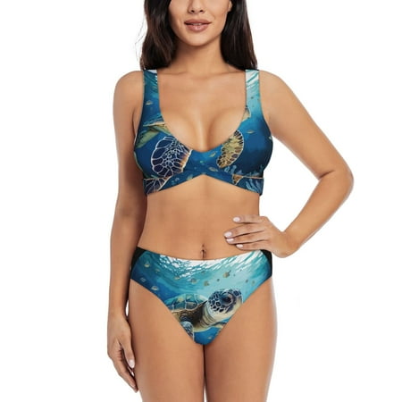 Zeuib Watercolor Turtle4 High Waisted Tummy Control Bikini Set - Knot Front Push Up Top & Cheeky Thong Bottom  Two-Piece Swimsuit for Women-Medium