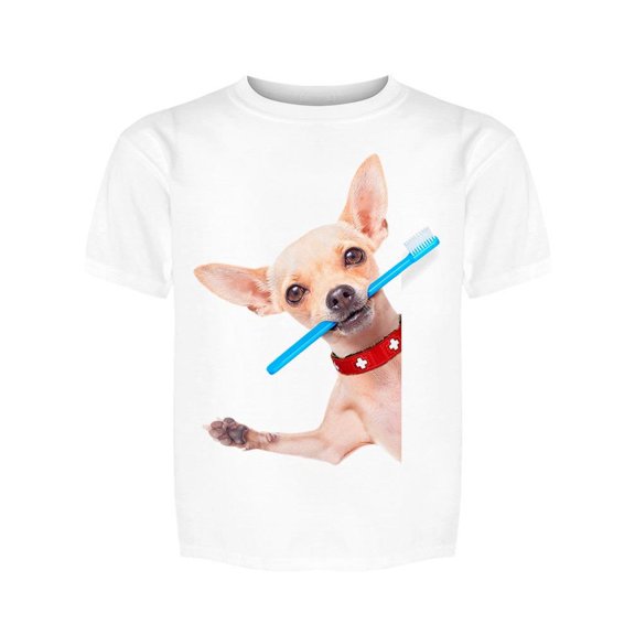 Chihuahua Holds Tootbrush, Waves Tee Girl's -Image by Shutterstock