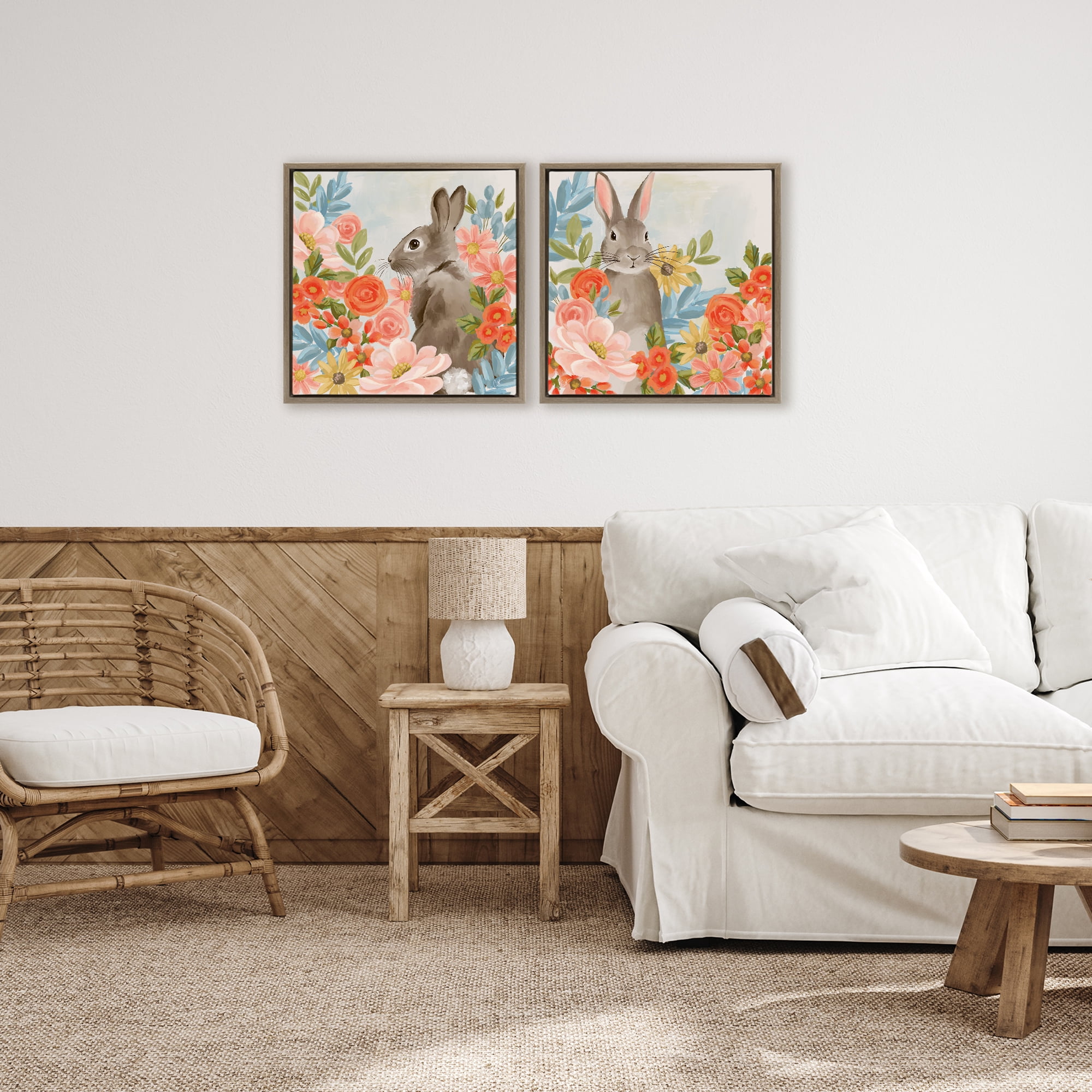 Stupell Industries Bright Bunny Blooms 2 Piece Brown Framed Floater Canvas Set, design by Cat Thurman Designs