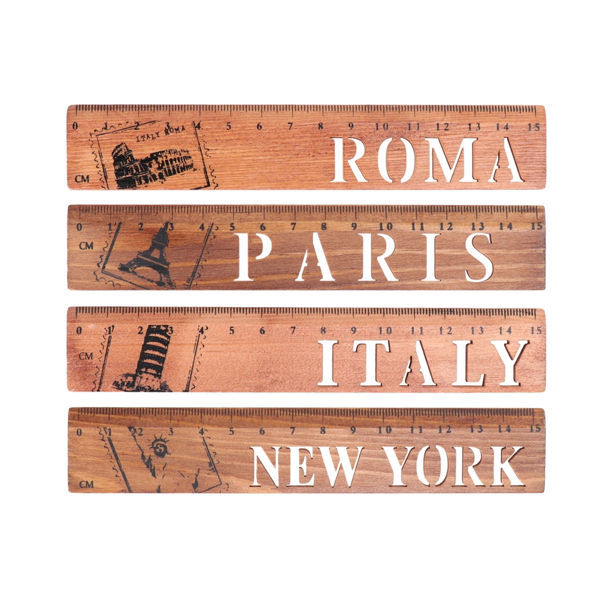 4Pcs Creative Wooden Rulers Retro City Name Rulers Measuring Tool