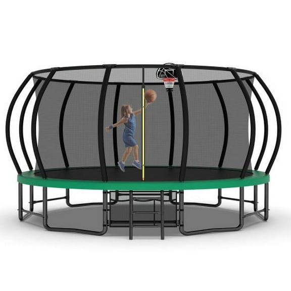 16FT Trampoline for Kids and Adults,Outdoor Pumpkin Trampolines with Curved Poles,Heavy Duty Trampoline with Ladder and Basketball Hoop,Green