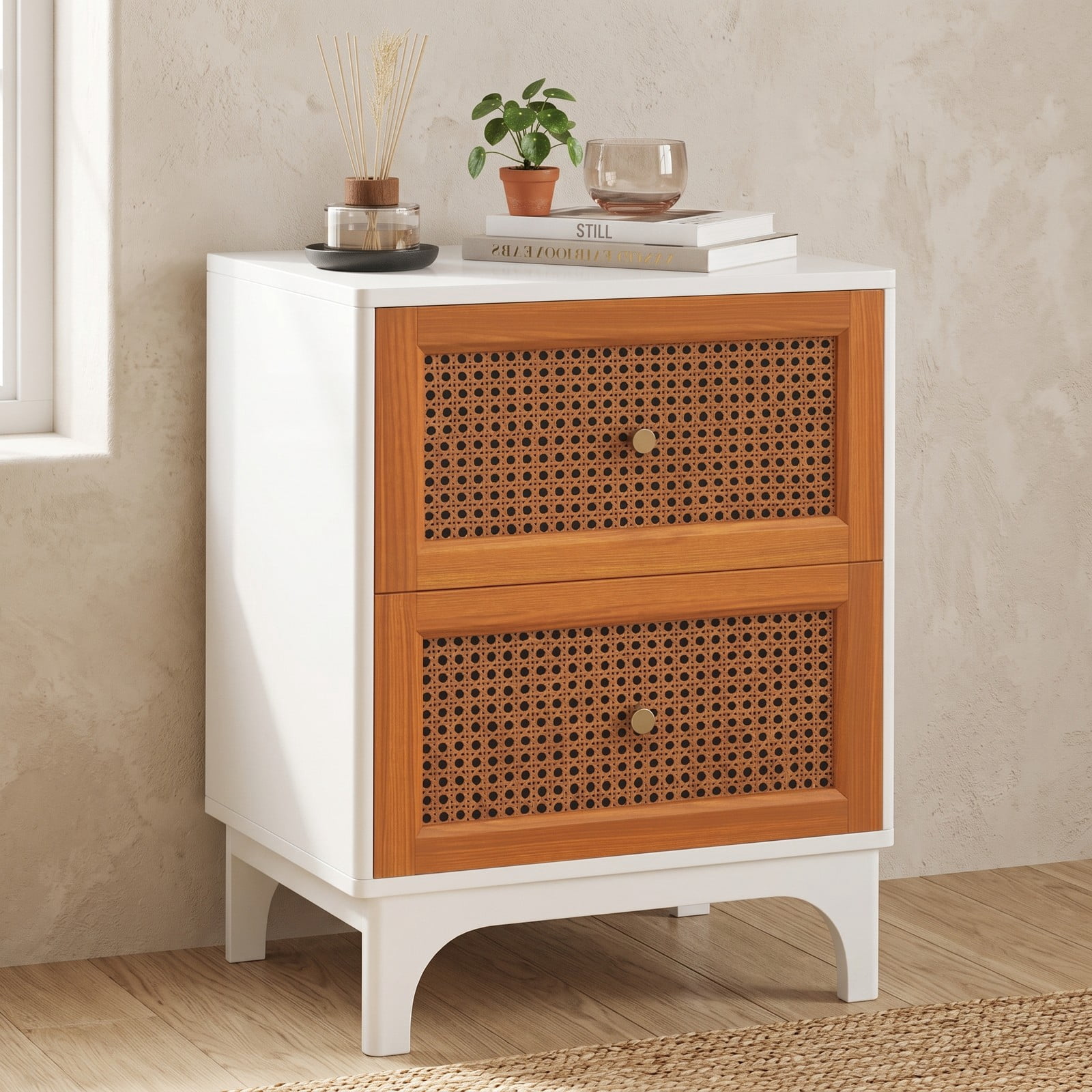 Furnibear Boho Accent Nightstand with 2 Handwoven Rattan Drawers and Solid Wood Legs plus Golden Knobs for Bedroom, White