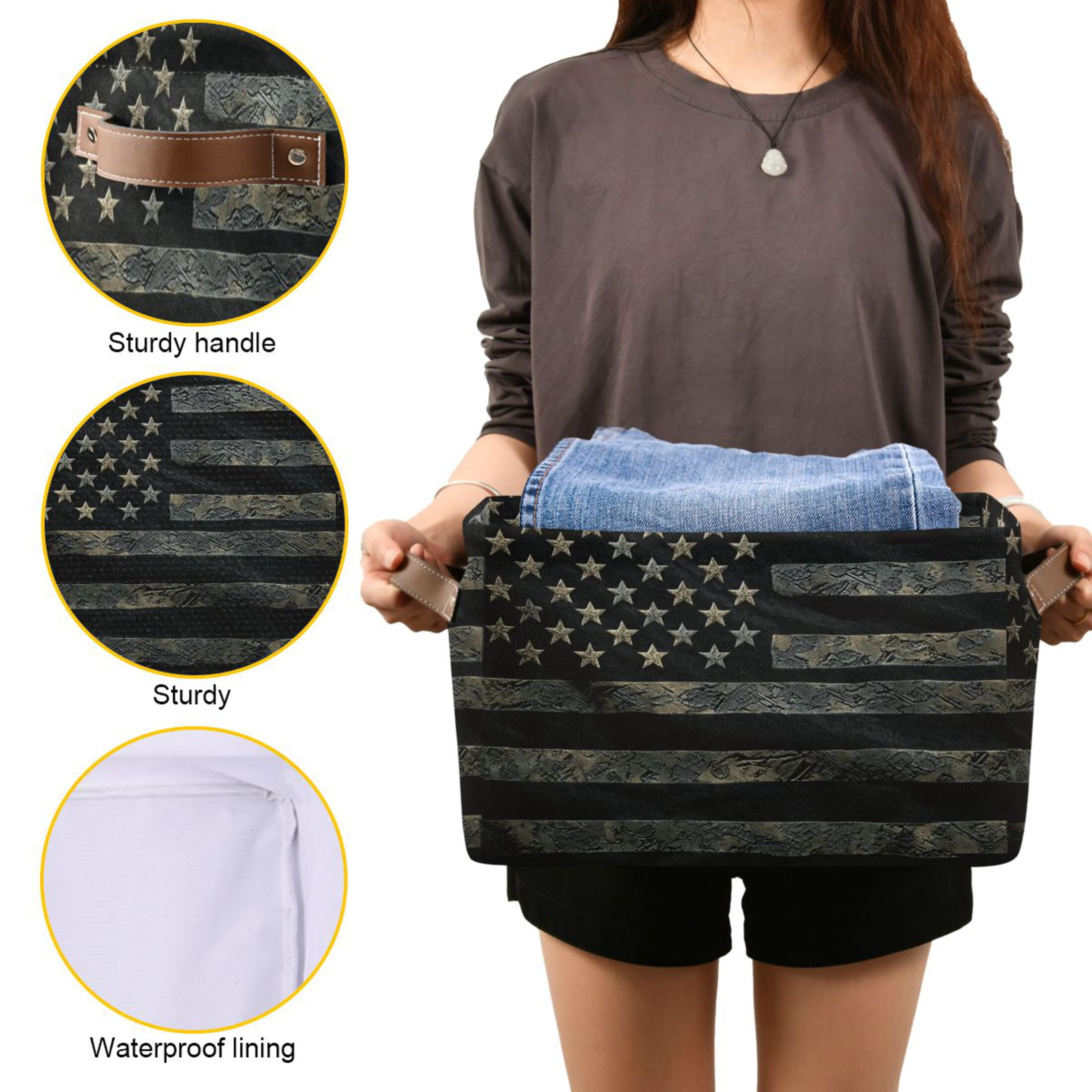 WOBOGO Black Design American Flag Square Storage Basket with Waterproof Canvas and PE Lining Durable PU Leather Handles 14.2×10.2×8.3in