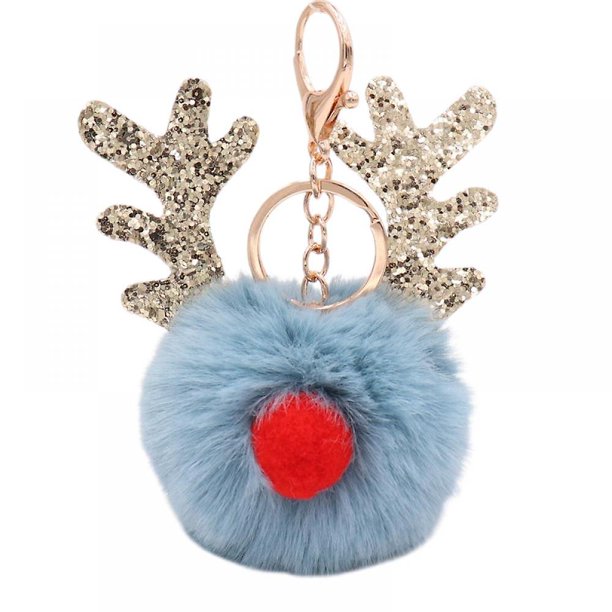 Llavero - Bonito accesorio para monedero con pompón de reno - Llavero con pompón de Navidad esponjoso - Abalorio para monedero de animal de vacaciones de felpa - Regalo elegante (azul claro) Feliz Sencillez