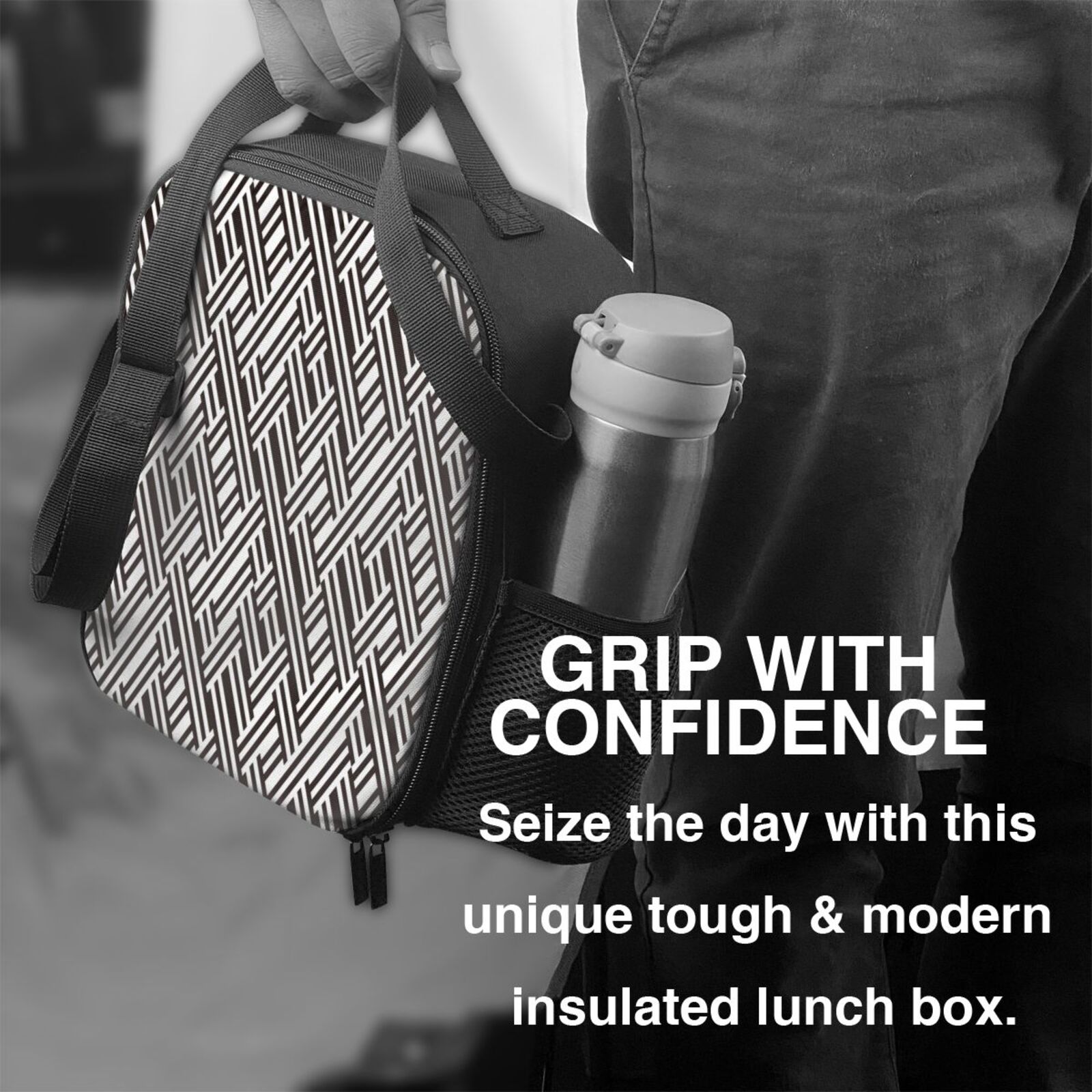 Rateoe Black White Stripes Lunch Bag Reusable Lunch Box with Shoulder Straps for Men Women Insulated Portable Lunchbox for adults Suitable for School Work Picnic