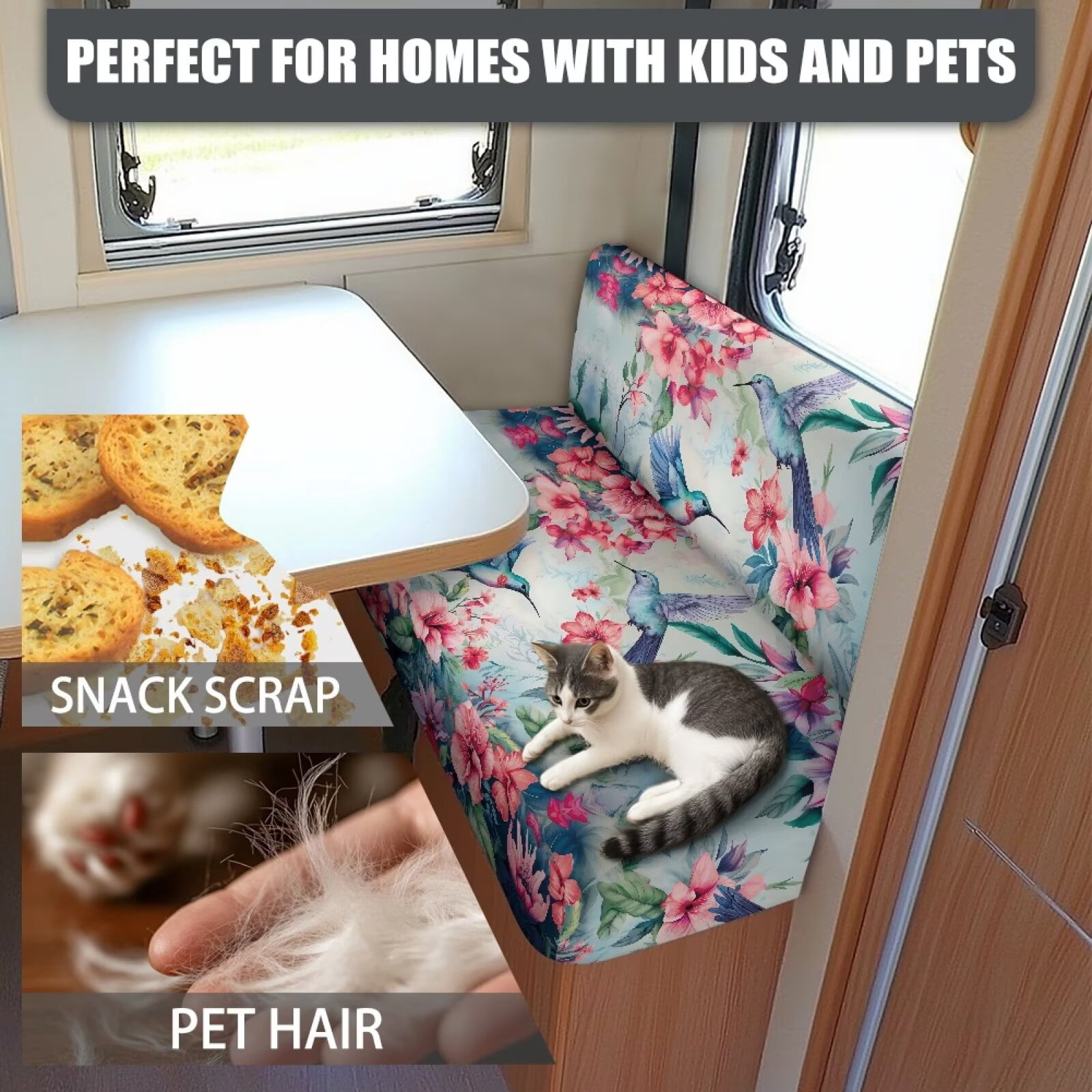 XYZCANDO Hummingbird Floral RV Dinette Cushions Stretchable RV Accessories for Inside Universal Bench Cushion Comfortable Couch Cushion Covers Stylish Camper Accessories for Inside Slipcovers Blue