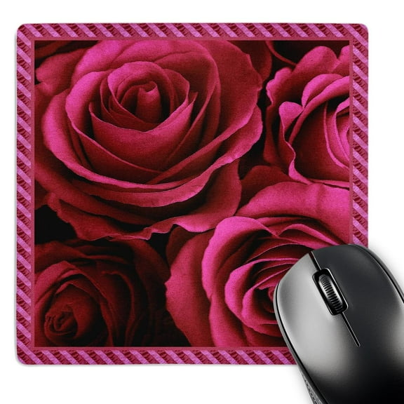 3dRose, Close up scene of dreamy rich red roses surrounded by a striped frame, MousePad