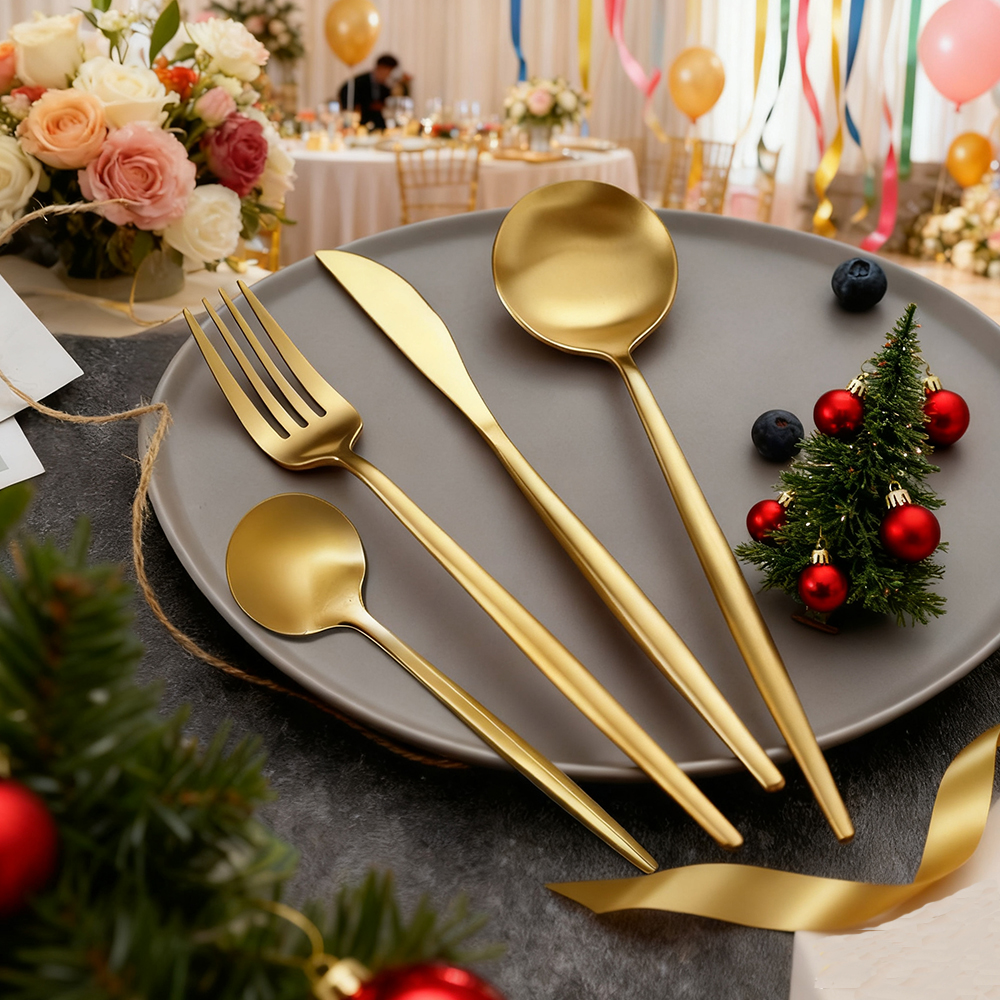 MYVIT Matte Gold Silverware Set of 6,24-Piece Stainless Steel Gold Forks and Spoons Kitchen Accessories Utensils Flatware Cutlery Set