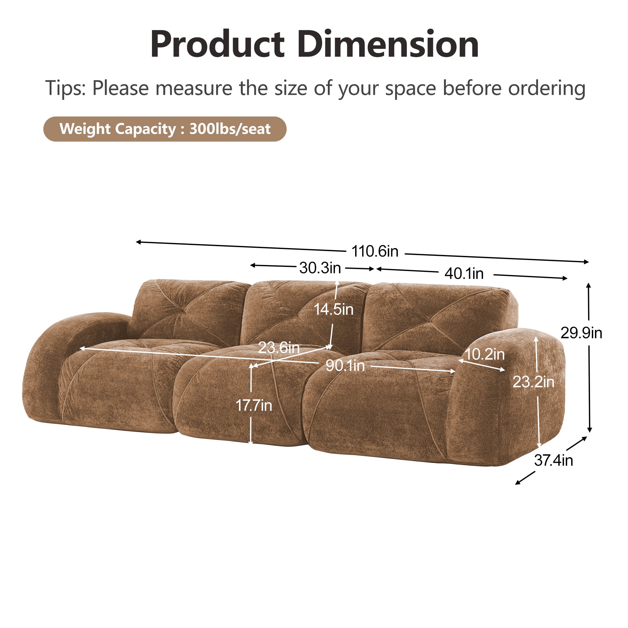 AISWORD 2-Piece Modular Sofa Set (1 Loveseat & 1 Sofa Combo), 5-Seat Total Ultra-Soft Boneless Cloud Couches with 32D High-Density Foam & Anti-Slip Bottom, No Assembly Required
