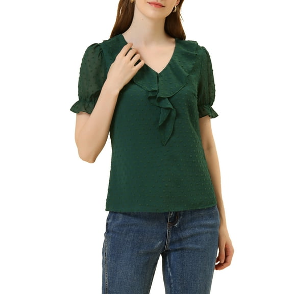 Allegra K Women's Ruffled V Neck Swiss Dots Semi-Sheer Chiffon Peasant Blouse