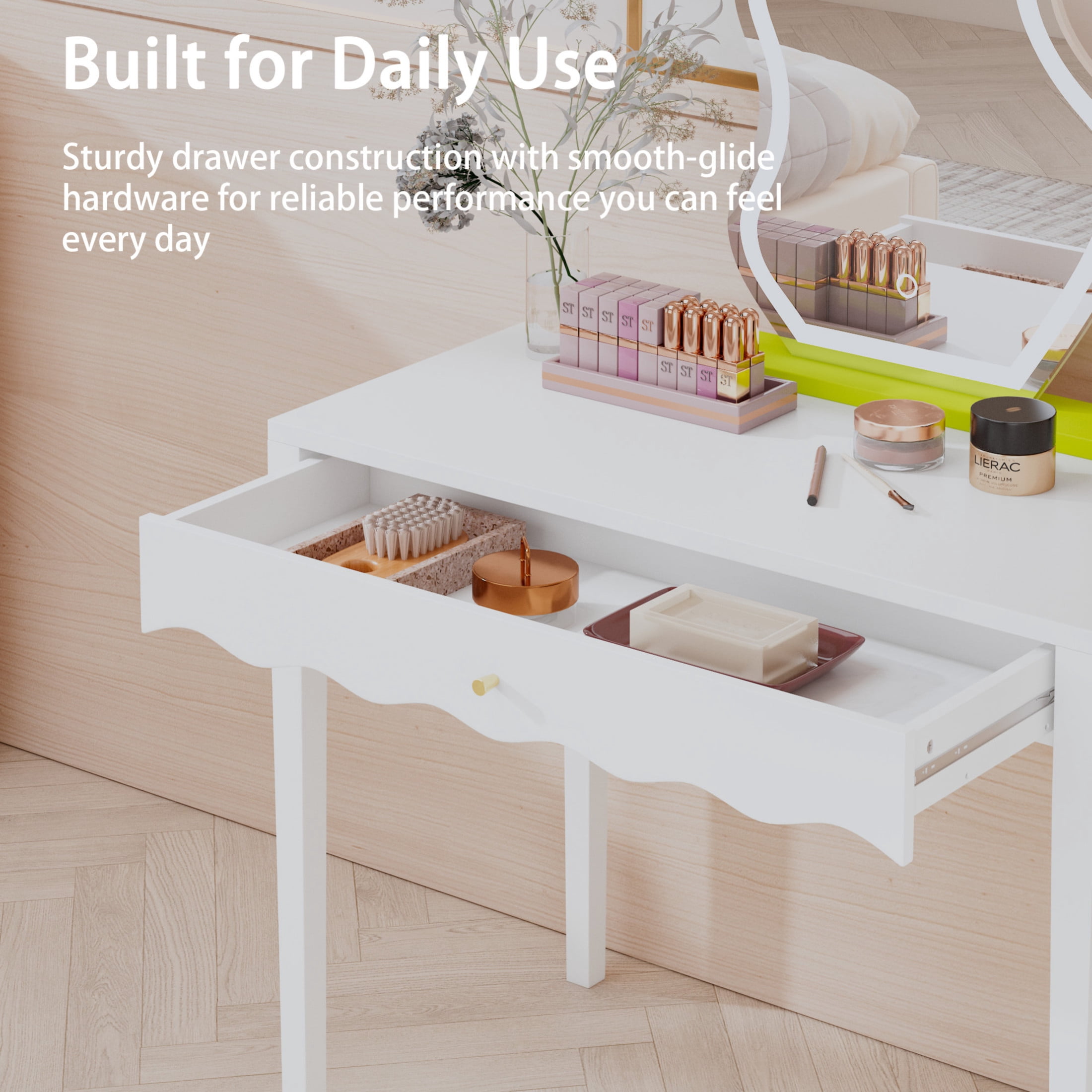 Noble House Vanity Desk with Drawer, Modern Makeup Table with Scalloped Wave Front, Small Space, White
