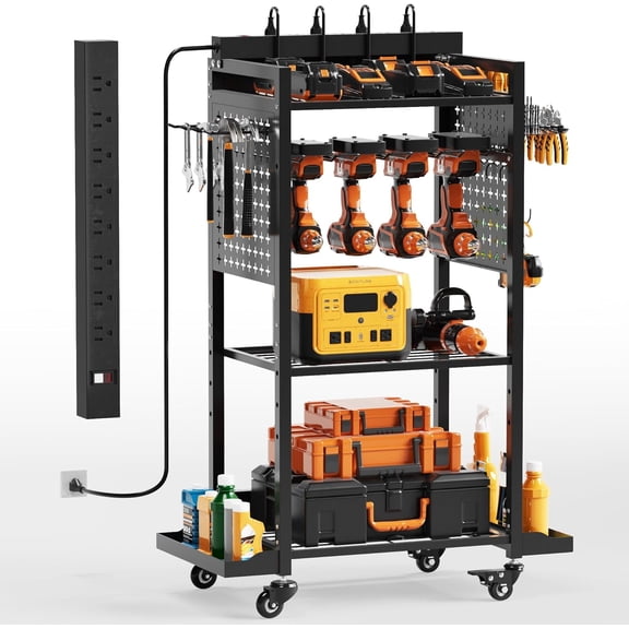 VDEVY Power Tool Organizer Cart with 8 Power Outlet & Adjustable Storage, Garage Workshop Tool Box Cart, Gifts for Men