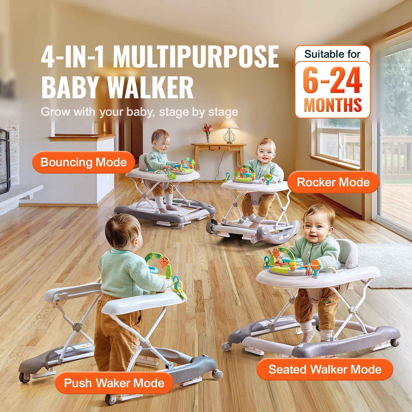 KFFKFF Baby Walker 4 in 1, Foldable Height Adjustable Baby Walker with Wheels, Infant Toddler Walker with Foot Pads, Anti-Fall Baby Walker With Music & Toys Tray for Boys and Girls 6-24 Months