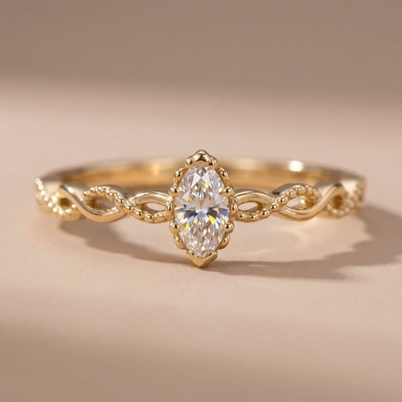 Vinali Solid 14K Yellow Gold Elegant Marquise CZ Ring for Women Size 5