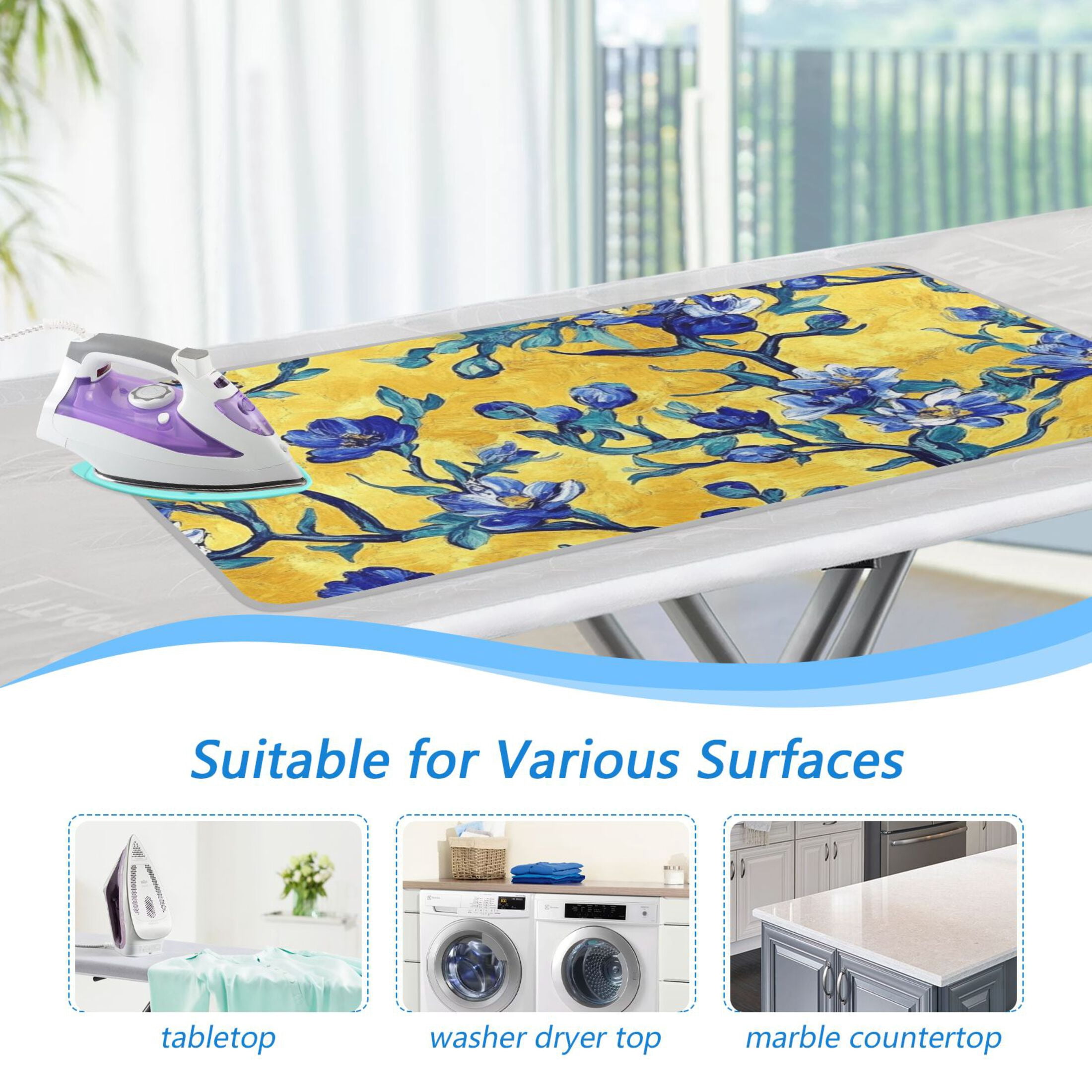 Blue Floral Yellow Background Ironing Mat Blanket for Table Top Travel Portable Ironing Board Pad 47.2x27.6 Inch
