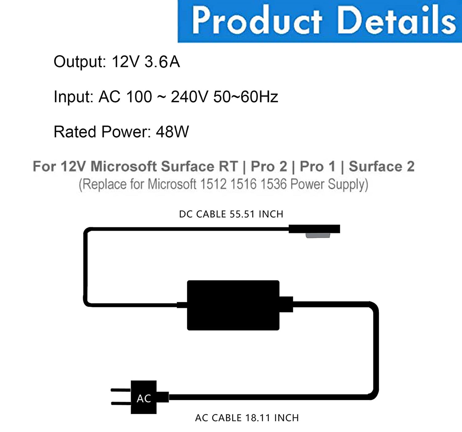 48W 12V Laptop Charger for Microsoft Surface Pro 2 Surface Pro 1 Surface RT Tablet Windows 8 Tablet 1536 1512 1516 1513 1572 Power Supply AC Adapter