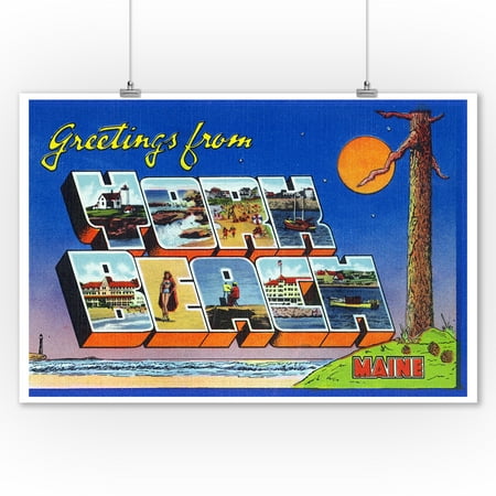 Beach Wall Art Large York Beach, Maine - Large Letter Scenes, Greetings From (9x12 Art Print, Wall Decor Travel Poster) ()
