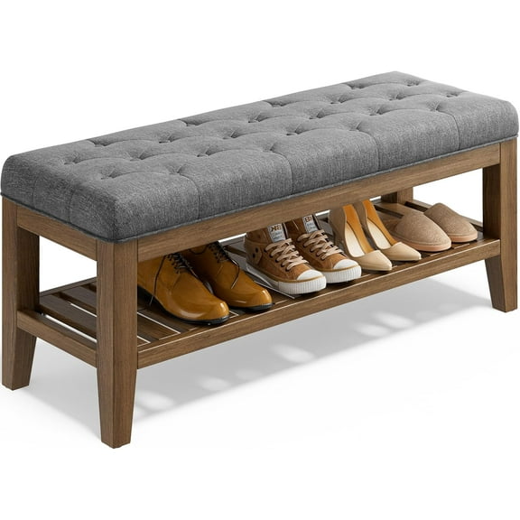 End of Bed Storage Bench, 42.9" Entryway Shoe Bench with Solid Wood Shelf, Upholstered Ottoman with Padded Seat for Bedroom, Hallway and Lining Room, Dark Gray
