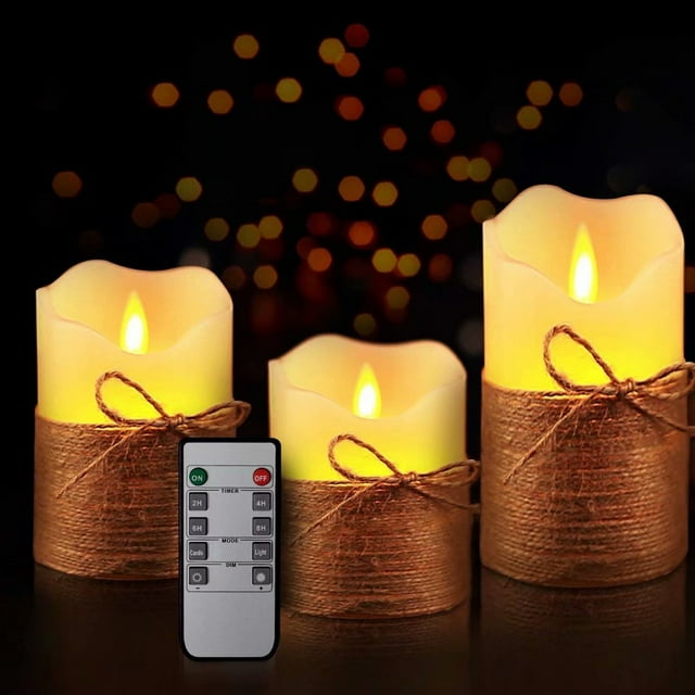Flameless Candles, LED Battery Operated Ivory Pillar Candles Real Wax Flickering Moving Wick Electric Candle Sets with Hemp Rope Remote and Cycling 24 Hours Timer