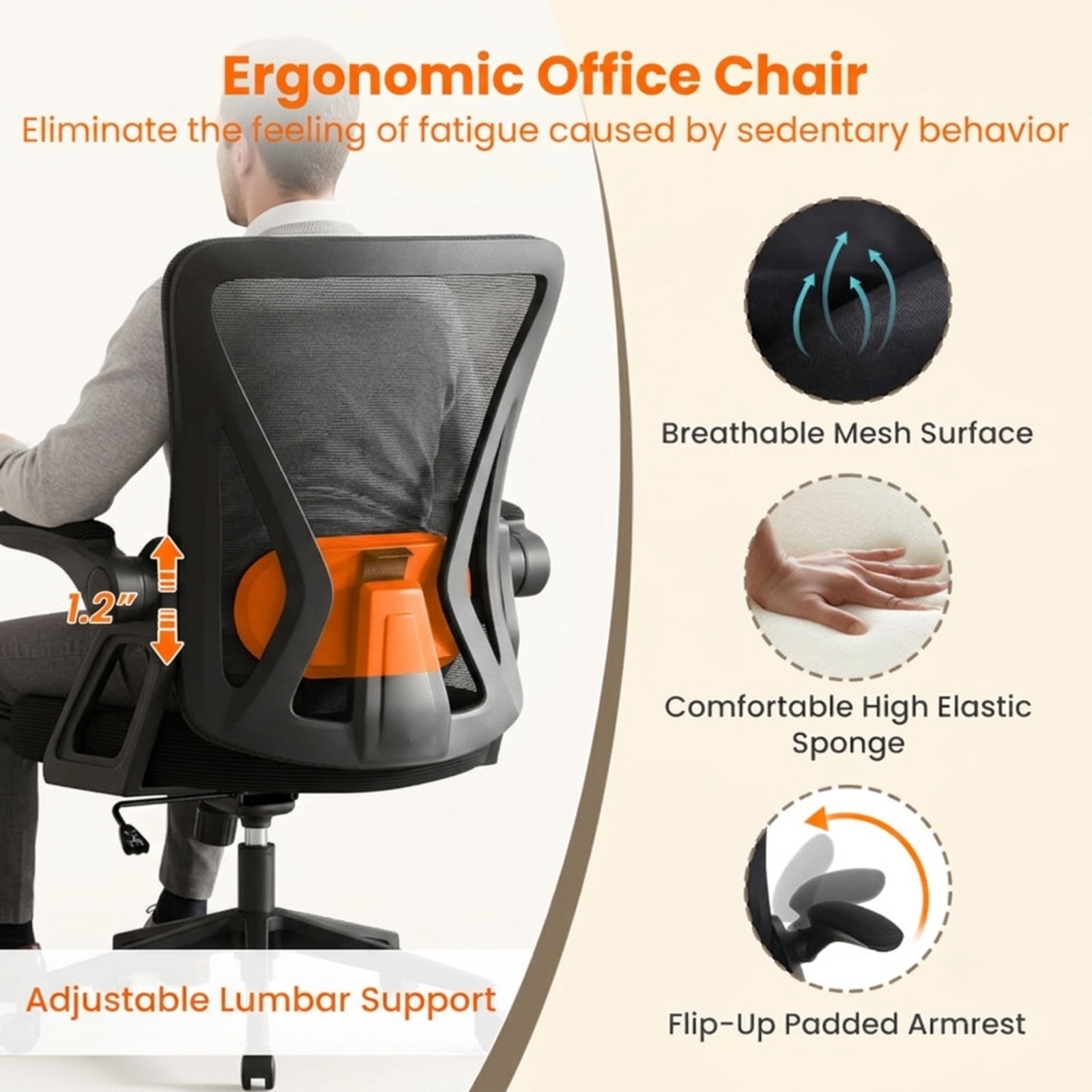 Furnibear Ergonomic Mesh Office Chair High Back Breathable Computer Chair with Adjustable Lumbar Support 2D Headrest and Flip Up Arms, Black