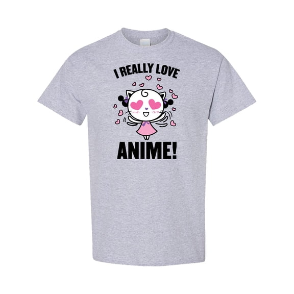 Inktastic I Really Love Anime with Cute Anime Cat and Hearts T-Shirt