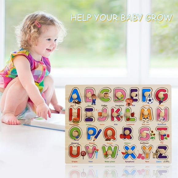 Kids Wooden Peg Puzzles Set with Alphabet Numbers Fruits Animals and Vehicles