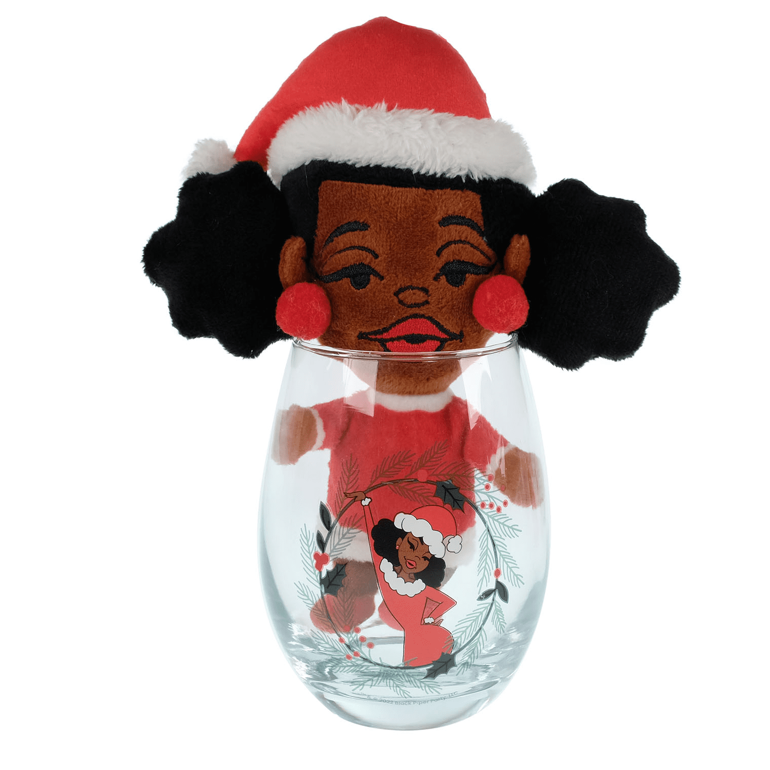 Black Paper Party Aunt Holly 6" Plush Ornament and Stemless Wine Glass Set, 13.5 oz  Glass, Red