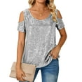 thumbnail image 6 of Besolor Womens Sequin Tops Cold Shoulder Short Sleeve Crewneck Sparkle Glitter Blouses Party Club Night out Shirts, 6 of 7