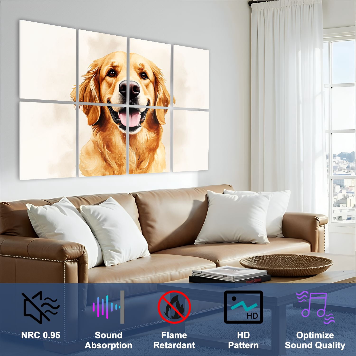 8 Pack Art Acoustic Panels Sound Absorbing Golden Retriever Dog Portrait Decorative Soundproof Wall Panels Self Adhesive for Nursery Game Room Bedroom 48"x32"