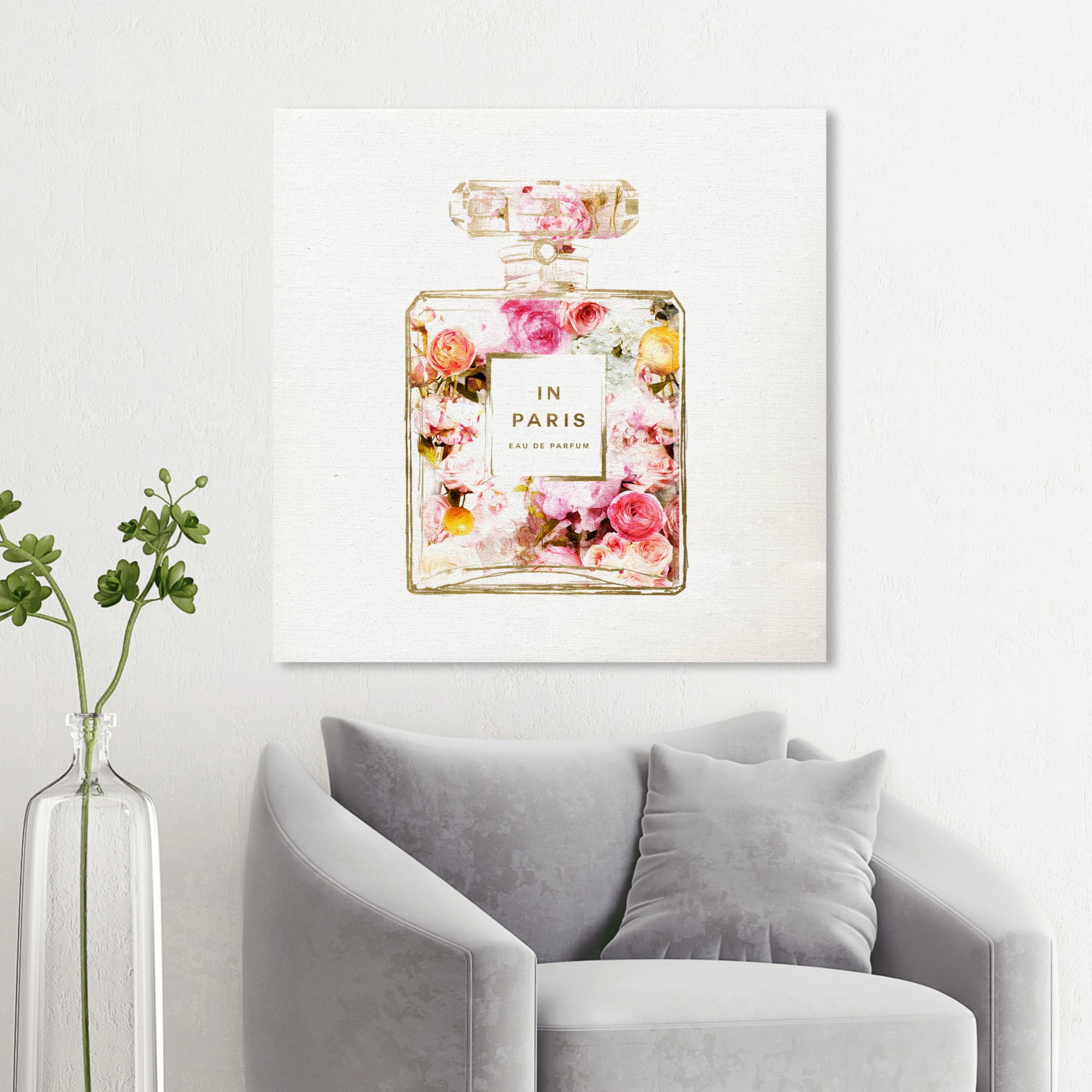 Wynwood Studio 'Paris Floral Perfume' Fashion and Glam Wall Art Canvas  Print - Gold, Pink, 30 x 30 