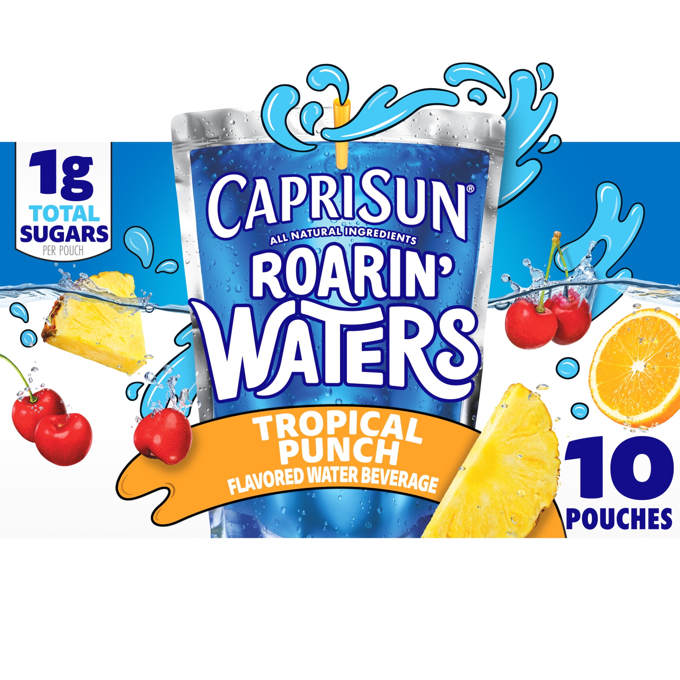 Capri Sun Roarin' Waters Flavored Water Beverage, 10 Pouches, for School Lunches and On-the-Go Hydration, Tropical Punch Natural Flavor with Other Natural Flavor, All Natural Ingredients, 6 oz