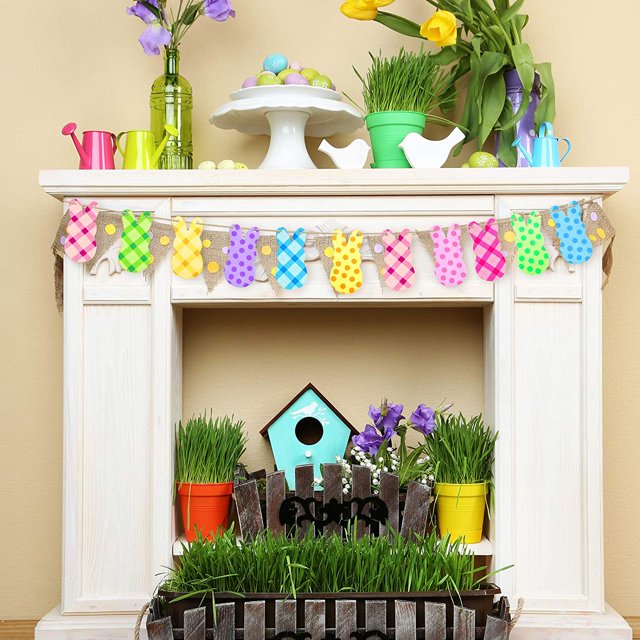 Madera Rústico Conejos Pancarta Guirnalda Pascua Colgante Búfalo Cuadros Conejito Pancarta para Fiesta de Pascua Mantel Chimenea Baby Shower (Patrón de celosía)