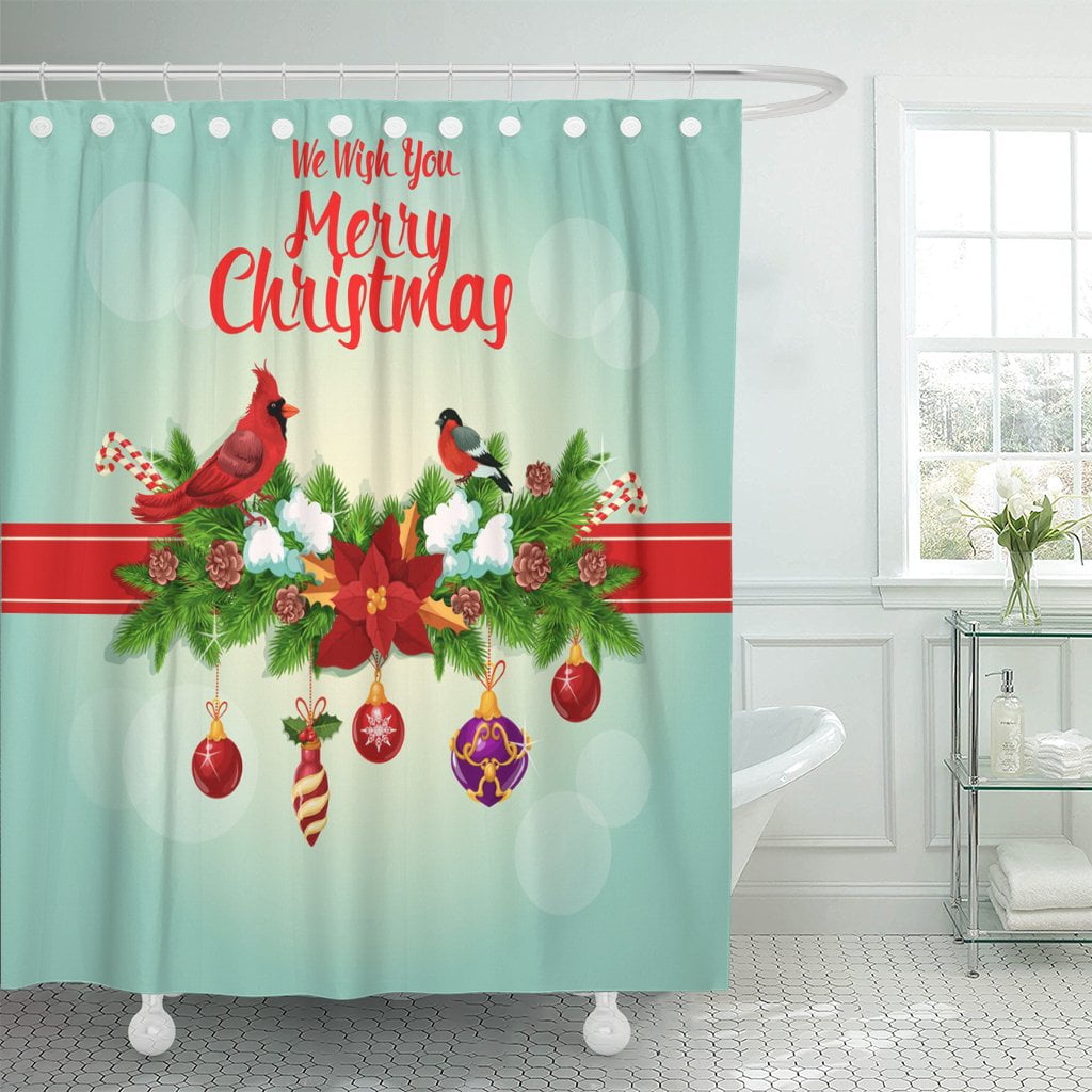 PKNMT Merry Christmas Red Cardinal Birds Ribbon and Decorated Holly Shower Curtain 60x72 inches